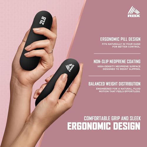 RBX 4LB Pair Neoprene Hand Weight Bars, Ergonomic Pill Shape Weights, Non-Slip Grip, Balanced Design for Controlled Workouts, Includes Mesh Storage Bag, Home Exercise Equipment - color: Black