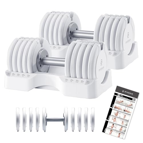 BYZOOM FITNESS Pure Series Adjustable Dumbbell - 12.5/25/27.5/50/55/75lb - ONE UNIT OR PAIR(check QTY before purchase) - 5-in-1/ 10-in-1 / 15-in-1 / 21-in-1 Flexible Hand Weights for Home Apartment Garage Gym, Strength Training & Fitness Workouts, White O