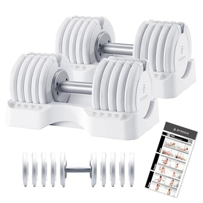 BYZOOM FITNESS Pure Series Adjustable Dumbbell - 12.5/25/27.5/50/55/75lb - ONE UNIT OR PAIR(check QTY before purchase) - 5-in-1/ 10-in-1 / 15-in-1 / 21-in-1 Flexible Hand Weights for Home Apartment Garage Gym, Strength Training & Fitness Workouts, White O