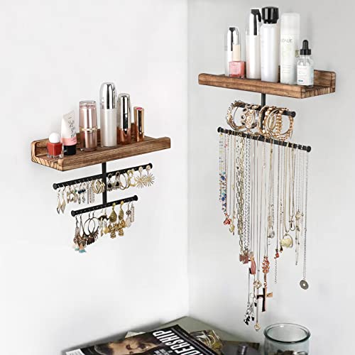 Hanging Wall Mounted Jewelry Organizer with Rustic Wood Jewelry Holder Display for Necklaces Bracelet Earrings Ring Set of 2 Carbonized Black,[Patented] - color: Carbonized Black