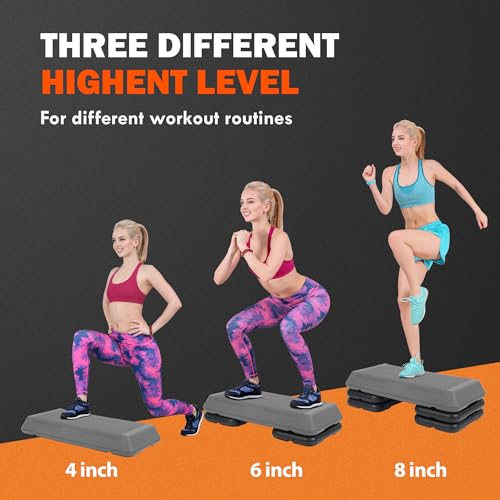 F2C 28.5" Aerobics Platform for Total Body Fitness 4" - 6" - 8" Height Adjustable with 4 Risers Home Workout Exercise Stepper Black/Gray