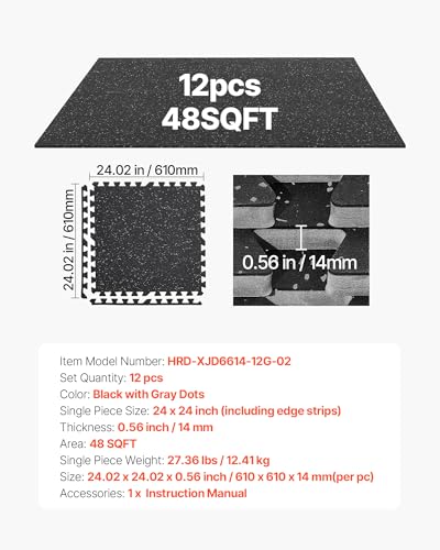 VEVOR 0.56Inch 48sq.ft 12 Tiles Gym Flooring for Home Gym, Rubber Top with High Density EVA Foam, 24 x 24In Gym Floor Exercise Equipment Mats, Interlocking Gym Mats, Puzzle Workout Mats, Black & Gray