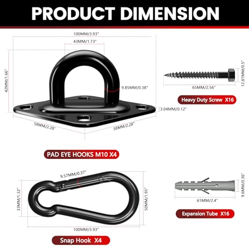 sprookber 304 Stainless Steel Pad Eye Snap Hook,M10 Ceiling Hook 1700Lb,8Pc - size: 4 Inch, style: Black Rhombus