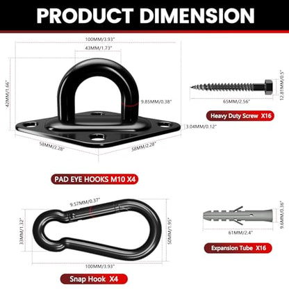 sprookber 304 Stainless Steel Pad Eye Snap Hook,M10 Ceiling Hook 1700Lb,8Pc - size: 4 Inch, style: Black Rhombus