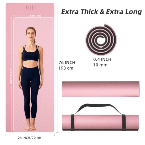ILILI 10mm Extra Thick, TPE Yoga Mat, 76×28 Inch Extra Long, Carrying Strap - color: Pink+Black