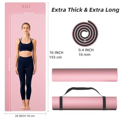 ILILI 10mm Extra Thick, TPE Yoga Mat, 76×28 Inch Extra Long, Carrying Strap - color: Pink+Black