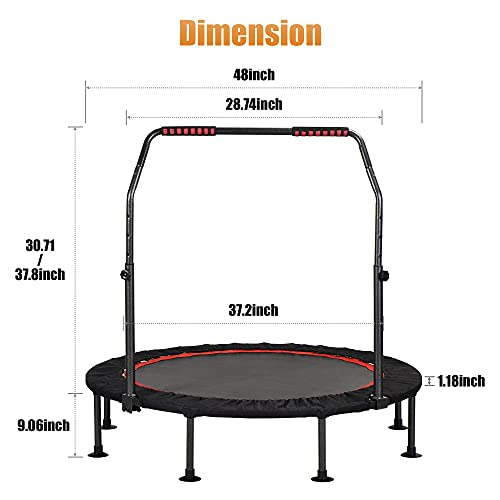 KENSONE 48" Foldable Spring Mini Trampoline for Kids and Adults, Indoor/Outdoor Fitness Rebounder with Adjustable Foam Handle, Max Load 450 lbs
