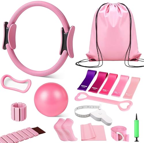 Pilates Ring Set 15PCS Pilates Equipment Set with Adjustable Ankle Wrist Weights,Yoga Ball,Figure 8 Resistance Band,Tape Measure,Pilates Bands & Accessories,Pilates Ring and Ball Set (Pink)