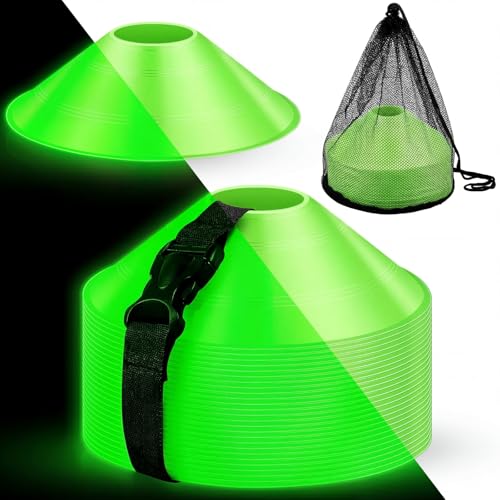 Hiboom Glow in The Dark Football Cones Light up Agility Soccer Cones with Carry Bag for Sports Training Glow in The Dark Games Field Cone Markers Basketball Football Coaching