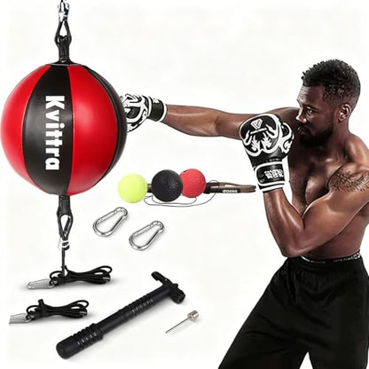 Double End Punching Bag Boxing Striking for Training - Speed Ended Set Includes 3 Reflex Ball Headband and Pump- Portable MMA - color: Red