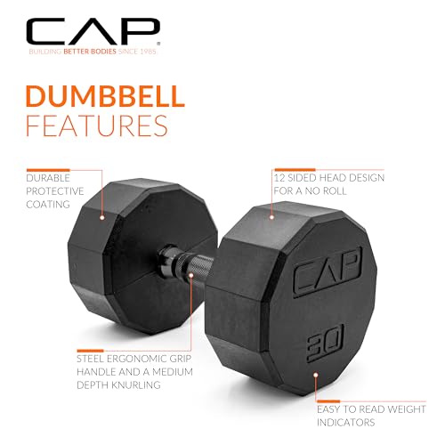 CAP Rubber Coated Dumbbell Weights, Free Weights for Home Gym Strength Training, Anti-Roll Hex Dumbbells with Black, Chrome & Comfort Grip Handles, Singles - size: 30 lb, style: 12-Sided - Black Handle