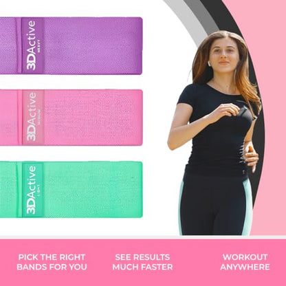 3DActive Fabric Resistance Bands for Legs & Butt. Wide Non-Slip Hip Band Set for Home & Gym Workouts. Exercise Guide & Carry Bag Included.