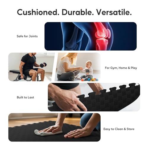 HealSmart Extra Thick Puzzle Exercise Mat 1", EVA Interlocking Foam Floor Tiles, Non-Slip Protective Padding for Workout Room, Home Gym, Daycare Flooring or Playroom, Black-1 Inch-24 SQ FT