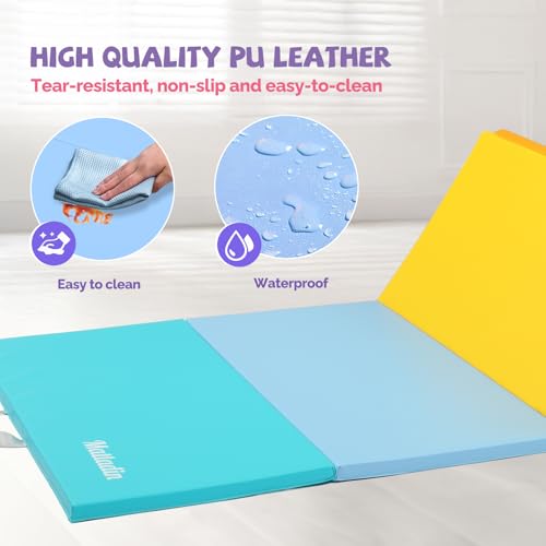 Matladin 8 FT/6FT Folding Gymnastics Gym Exercise Aerobics Mat, PU Leather Tumbling Mats for Stretching Yoga Cheerleading Martial Arts, Play
