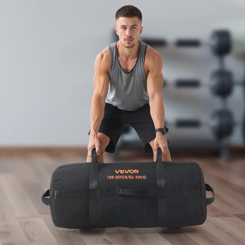 VEVOR Workout Sandbag, Heavy Duty Workout Power Bags with Handles, 125-200 lbs Adjustable Slam Bag for Fitness Strength Weight Training Cross-Training, Home Gym Exercise, Black (Unfilled)