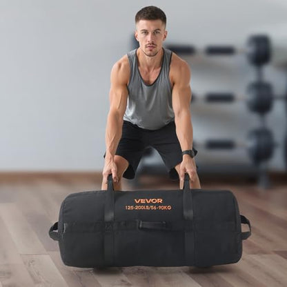 VEVOR Workout Sandbag, Heavy Duty Workout Power Bags with Handles, 125-200 lbs Adjustable Slam Bag for Fitness Strength Weight Training Cross-Training, Home Gym Exercise, Black (Unfilled)