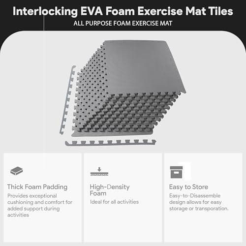 BalanceFrom Puzzle Exercise Mat 1/2" Thick, EVA Interlocking Foam Floor Tiles for Home Gym, Mat for Home Workout Equipment, Floor Padding for Kids, Gray, 24 in x 24 in x 1/2 in, 48 Sq Ft - 12 Tiles