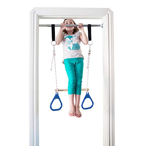 Doorway Swing for Kids Indoor - Trapeze Bar and Blue Gymnastic Rings Combo