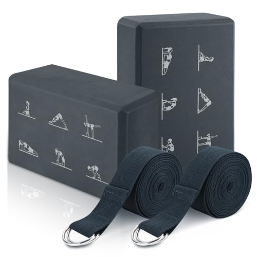 RETON Yoga Blocks Set with Straps, High Density Yoga Bricks, Lightweight EVA Foam Pilates Block, 2 Yoga Blocks with 2 Straps for Yoga, Pilates, Fitness, Stretching and Toning
