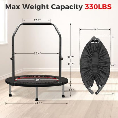 40"/48" Rebounder Trampoline for Adults Mini Trampoline for Adults and Kids Exercise Rebounder with Bar Fitness Trampoline Indoor Height Adjustable Max Load 330/440lbs - color: Red-40in
