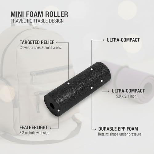 Mini Foam Roller for Travel & Gym - Compact EPP Roller for Yoga, Calves & Feet - Lightweight Hollow Design, 5.9 x 2.1 Inches, Black