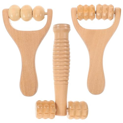 Wooden Massage Roller Tool 3-Piece Set Handheld Foot and Body Massager for Neck Shoulder and Muscle Relief Portable 5.90X3.14X1.18In