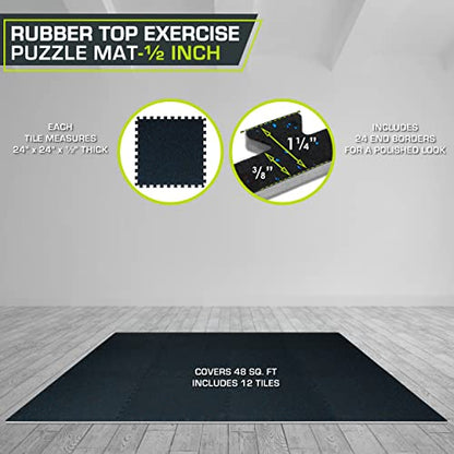 ProsourceFit Rubber Top Exercise Puzzle Mat ½-inch, EVA Foam, Protective Interlocking Tiles for Home Gym Equipment and Workouts; Blue, 48 SQ FT, 12 Tiles