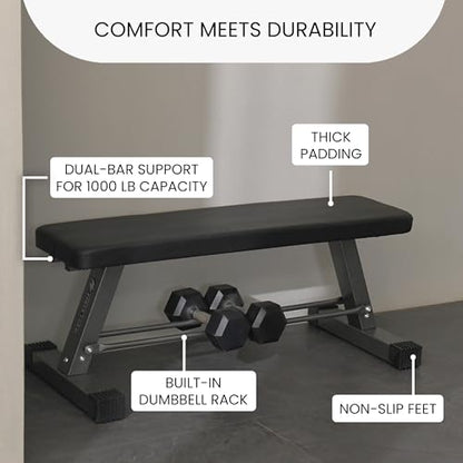 FF Finer Form Essential Flat Weight Bench for Your Home Gym – Heavy Duty Workout Bench for Bench Press, Hip Thrusts & Strength Training Exercise – Compact, Fitness Equipment for Home Use