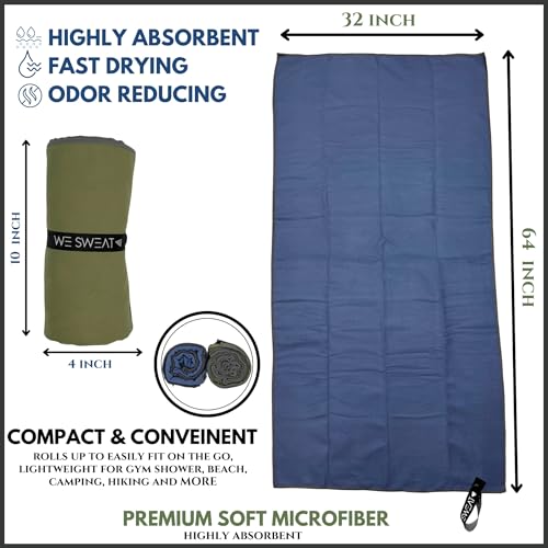 We Sweat's (2 Pack) Microfiber Towels Perfect for Travel, Gym Shower & Camping. Ultra Compact - Lightweight Shower Towels - Soft and Absorbent Silver Ion Odor-Free Absorbent Fiber - Quick Dry Towels