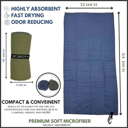 We Sweat's (2 Pack) Microfiber Towels Perfect for Travel, Gym Shower & Camping. Ultra Compact - Lightweight Shower Towels - Soft and Absorbent Silver Ion Odor-Free Absorbent Fiber - Quick Dry Towels