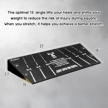 Squat Wedge Block, One-Piece Heel Elevated Slant Board for Squats | 27 x 10 in, 15° incline; stance guides, silicone pads, cross-linked PE for calf stretcher use, lunges and ankle mobility
