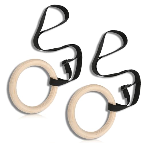 1 Pair Gymnastics Rings, 150KG / 330LB Load Pull Up Exercise Rings with Adjustable Buckle Straps Wood Home Workout Equipment for Men Women
