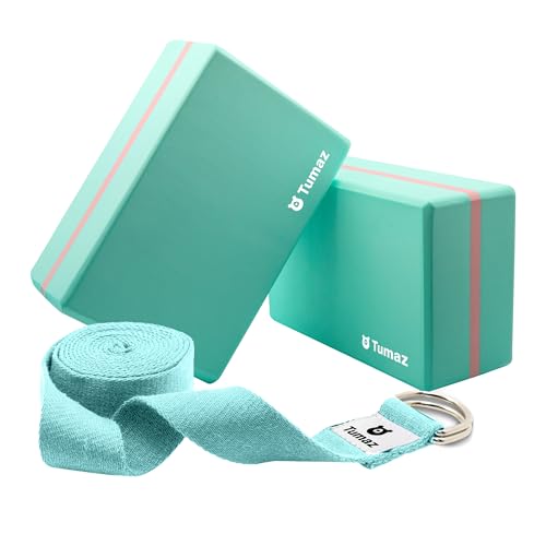 Tumaz Non-Slip Yoga Blocks 2-Pack - High Density/Lightweight EVA Foam & Natural Cork for Stability, Premium Set with E-Book Included - color: light green