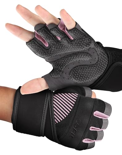 Breathable Workout Gloves, Antislip Weight Lifting Gym Gloves for Men Women, Superior Grip & Palm Protection for Weightlifting, Fitness, Exercise, Training - color: 6. Black and Pink (with Wrist Straps), size: Medium
