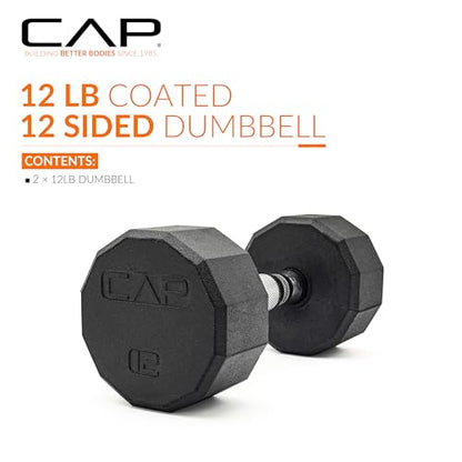 CAP Rubber Coated Dumbbell Weights, Free Weights for Home Gym Strength Training, Anti-Roll Hex Dumbbells with Black, Chrome & Comfort Grip Handles, Pairs & Sets - size: 12 lb - Pair, style: 12-Sided - Chrome Handle