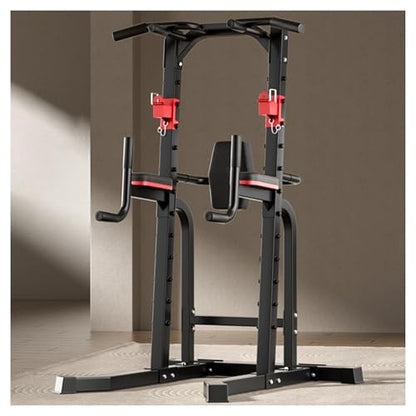 Power Tower Dip Station, Multi-Function Pull Up Bar Station, Barbell Rack, Bench Press, Adjustable Height for Home Gym Strength Training and Full Body Workout(Red Black)