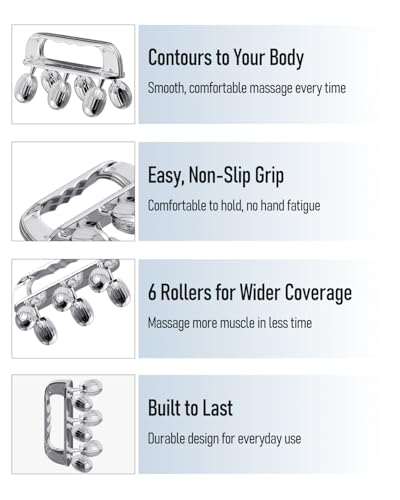 Yeamon Stainless Steel Handheld Muscle Roller, Deep Tissue Body Massager with 3 V-Shaped Roller Sets, Ergonomic Grip Manual Massage Tool for Arms, Legs & Back Relief, Post Workout Recovery