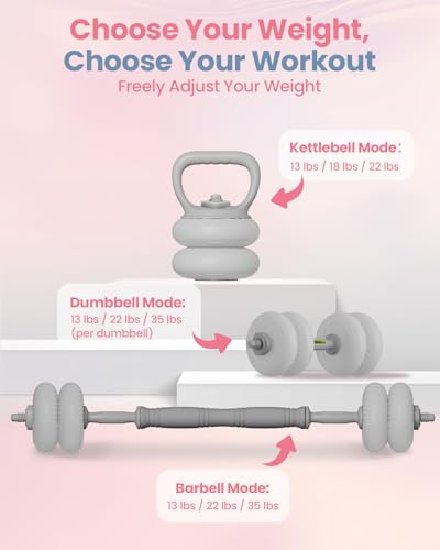 kisnbld Adjustable Dumbbell Set, 35/45/62LBS SoftShell Weight Set with Connector 4-IN-1 Dumbbell Set Used as to Barbell & Kettlebell for Home Gym, Fitness Exercise for Men Women Beginners - color: Gray-35 LB