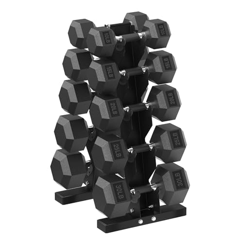HANDBODE Hex Dumbbell Sets with Rack, 100-165 lb Rubber Encased Dumbbells for Strength Training, Exercise & Fitness, Home Gym Weight Set with Rack - style: 200 lb (10, 15, 20, 25, 30 lb) X 2 & Rack