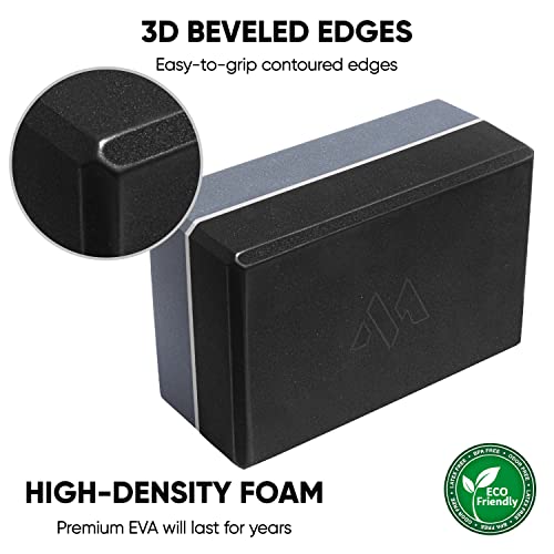 Gray Black Yoga Block Yoga Brick - Sold as Single EVA Foam Block, Bevelled Edge, Non-Slip, Latex-Free Block with a Workout Chart 9x6x4”