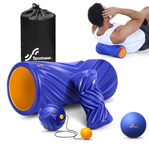 Sportneer 4 in 1 Foam Set, Muscle Relax Kit with 2 Textured Foam Pilates Rollers, Stringed Exercise Ball, Lacrosse Ball for Muscle Shoulder Back Leg Whole Body Relax Fitness Yoga - color: Blue