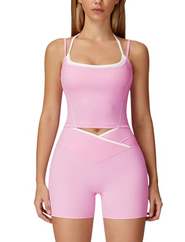 Two Piece Workout Sets For Women Tank Top and High Waist Booty Lifting Shorts Gym Yoga Active Outfits with Pockets - color: V-pink, size: Medium