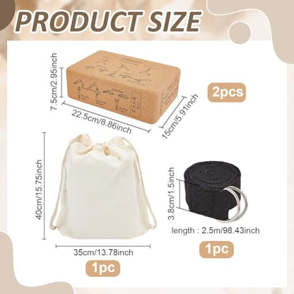 INFUNLY 2 Pack Cork Yoga Blocks Yoga Poses Teaching Cork Block 8.9x5.9x2.95 Inch Set with 8 Ft Strap and Canvas Bag Non Slip Fitness Blocks for Pilates General Fitness Stretching