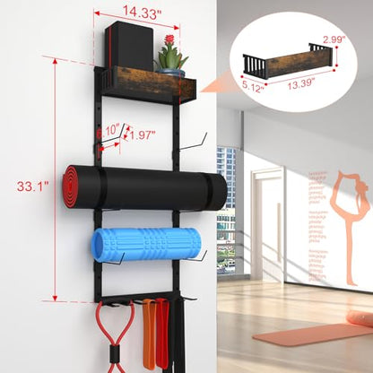 Yoga Mat Holder Wall Mount - Tool-free Adjustable Yoga Mat Rack Shelf, All-in-one Foam Roller Holder for Resistance Bands & Blocks, Space-saving Home Gym Organizer for Small Space Training Storage