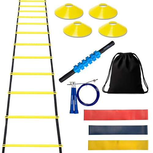 Gronk Fitness Agility Training Set | 12FT Speed Ladder, 4 Cones, Jump Rope, Massage Stick, Mini Loop Bands | Speed & Footwork Equipment for Soccer, Football, Basketball | for Kids, Youth & Adults