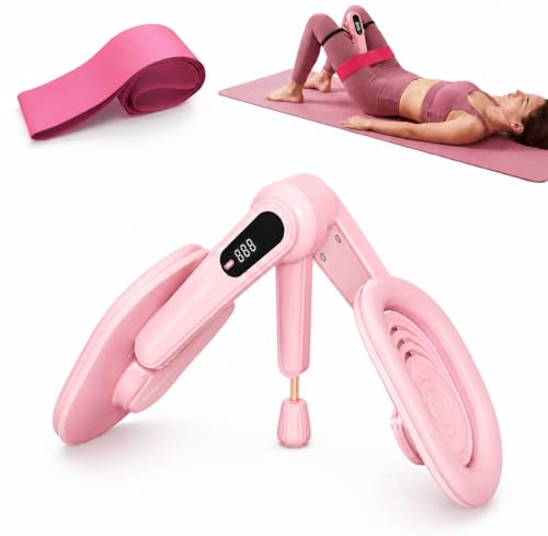 Thigh Trainer for Home Gym Workout, Pelvic Floor Muscle Exercise Devices with Adjustable Resistance for for Women Men, Inner Thigh Exerciser with Display and 20LB Resistance Band for Hip Leg Arm, Pink