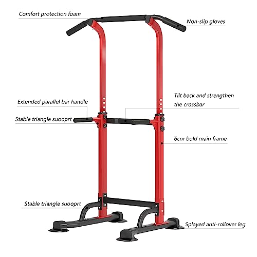 soges Power Tower Pull Up Bar Station, Free Standing Pull Up Rack Dip Station for Home Gym, Height Adjustable Home Strength Training Fitness Workout Equipment - color: Red