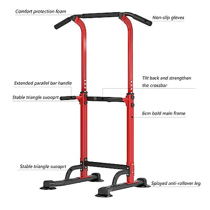 soges Power Tower Pull Up Bar Station, Free Standing Pull Up Rack Dip Station for Home Gym, Height Adjustable Home Strength Training Fitness Workout Equipment - color: Red