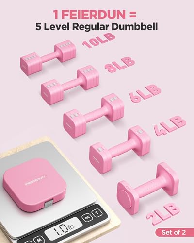 FEIERDUN DB3 5-in-1 Adjustable Dumbbell Set, 6LB/10LB Pair Adjustable Weights for Women at Home, Dual Locking Stable Hand Weights with TPU Soft Handle, Home Gym, Rehab, Pilates, Yoga, Strength Training - color: B-Cute Pink, style: 10LBS Pair (20LBS Total)