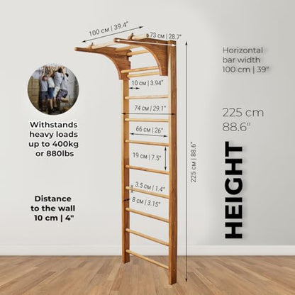 Swedish Ladder Wall Stall Bars for Kids and Adults, made of Solid Beech Wood, Withstands Loads up to 880 lbs, with Removable Pull-Up Bar, Dip Bar, Gymnastics and Exercise Indore Gym